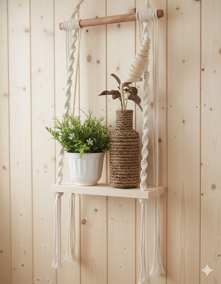 Ficus Boho Wall Shelf With Pine Wood Base