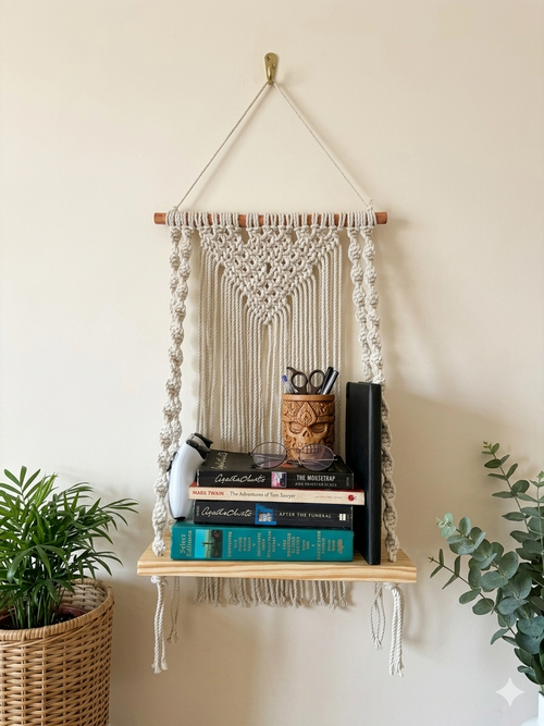 Ecru Wall Shelf with Pine Wood Base