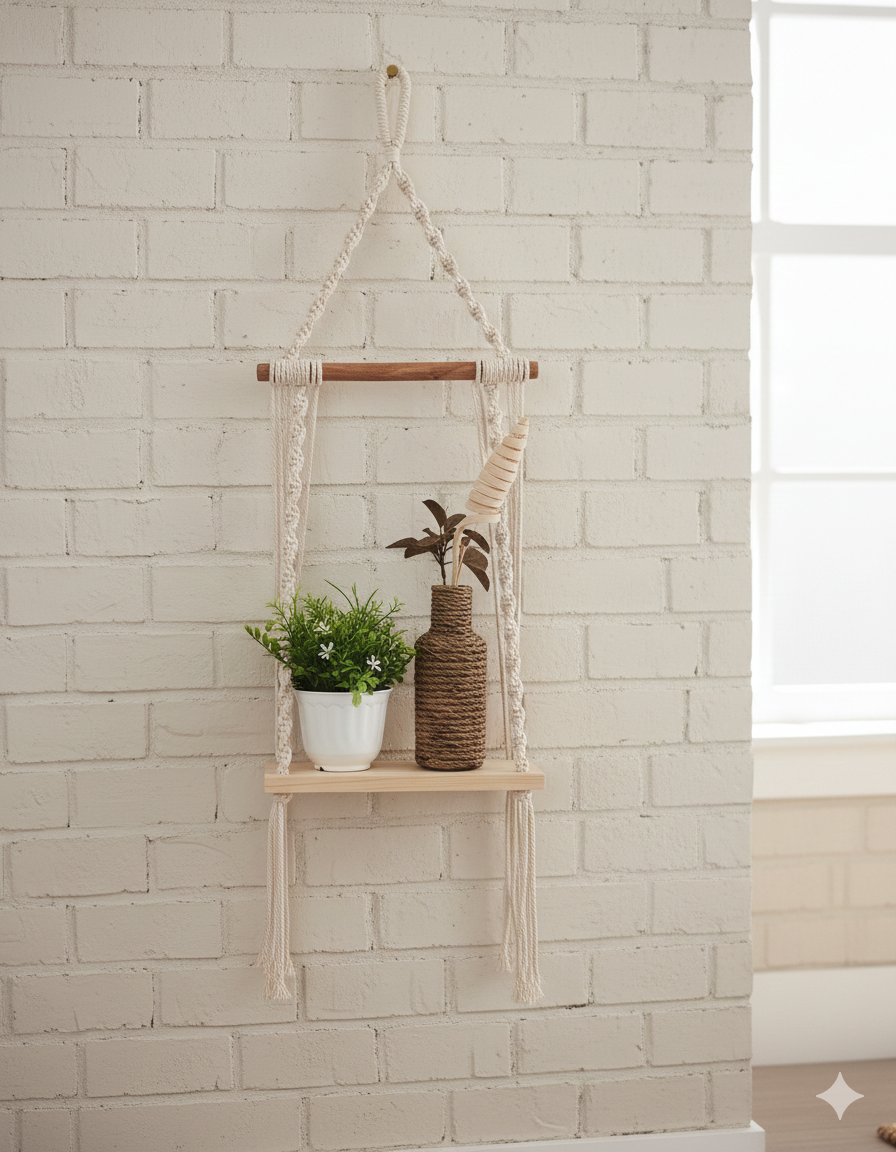Ficus Boho Wall Shelf With Pine Wood Base