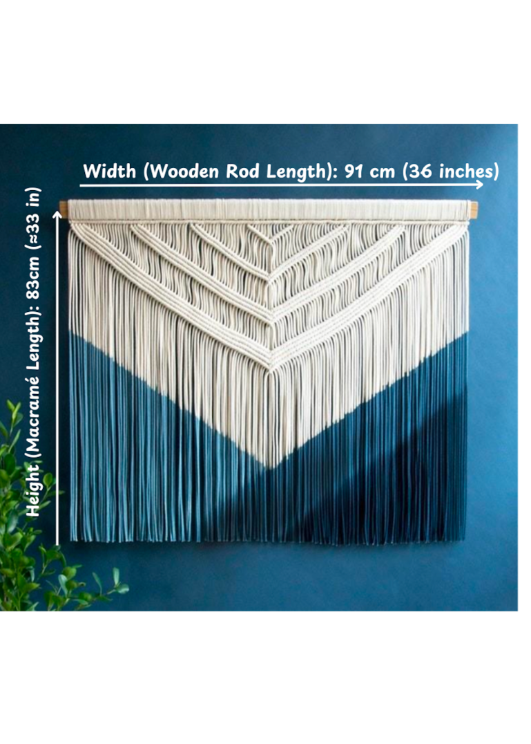Macramé wall hanging with measurements on a blue background