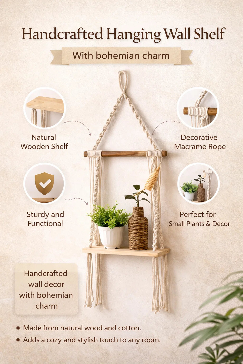 Ficus Boho Wall Shelf With Pine Wood Base